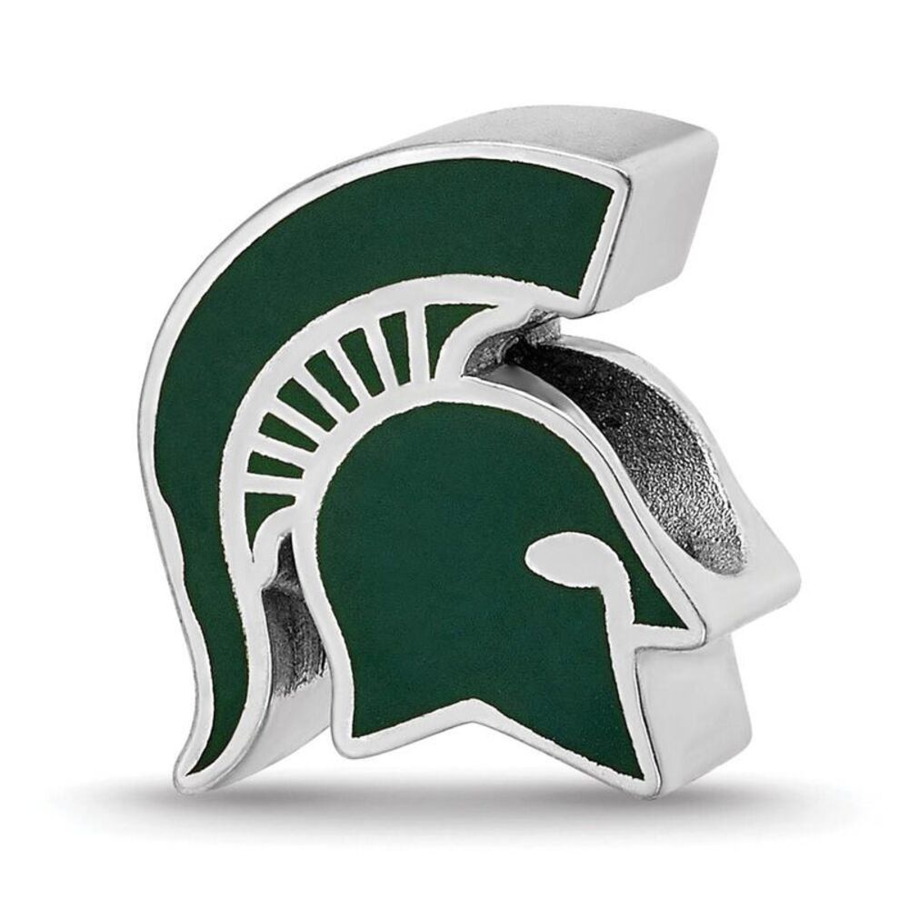 Sterling Silver Michigan State U Spartan Head Enameled Bead Charm